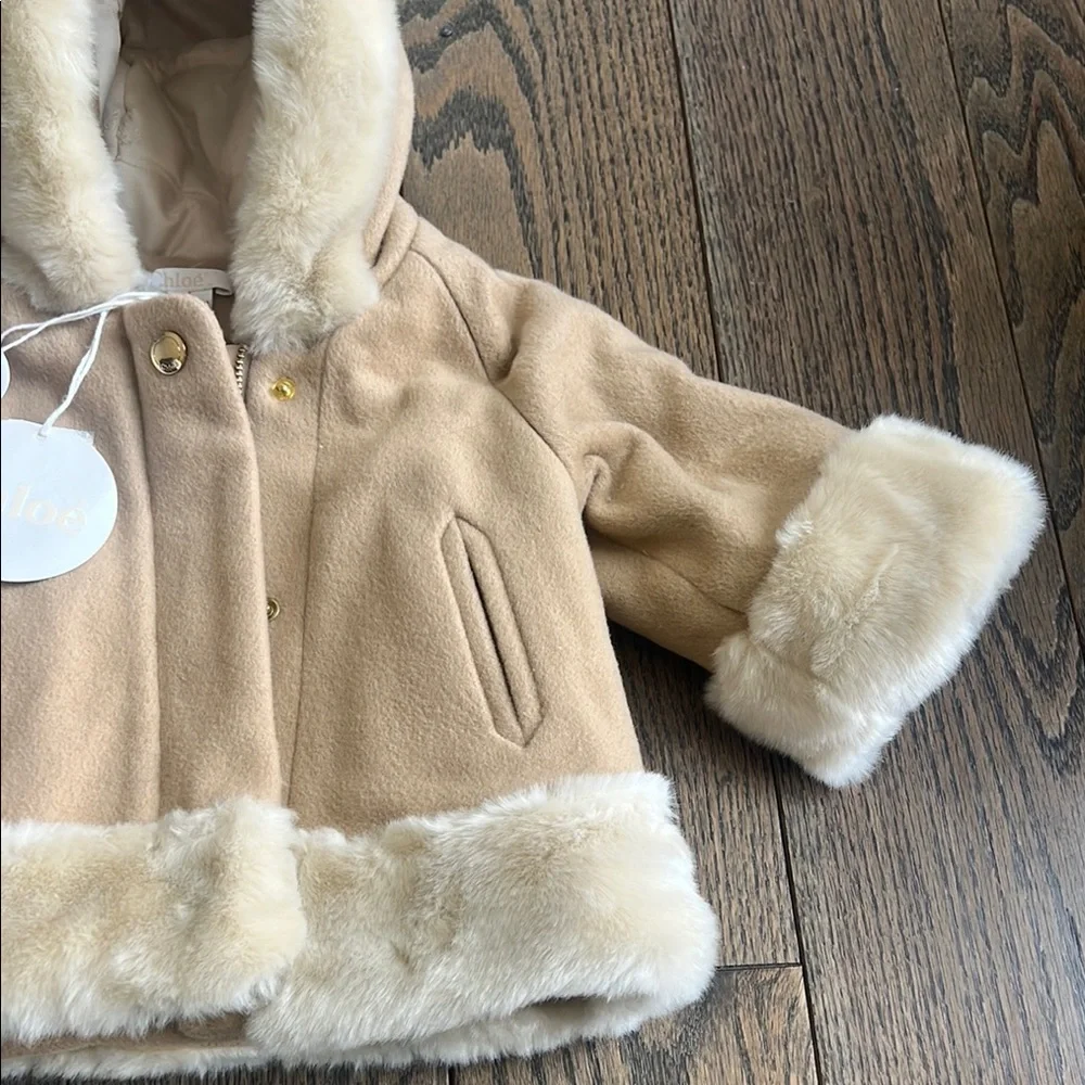 Chloé Tan Coat with Faux Fur Trim 9 months baby Authentic nwt